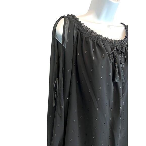 Guess Toya Off-Shoulder Smocked Blouse S NWT Black Shimmer Sheer Lined LS Top - Picture 4 of 9